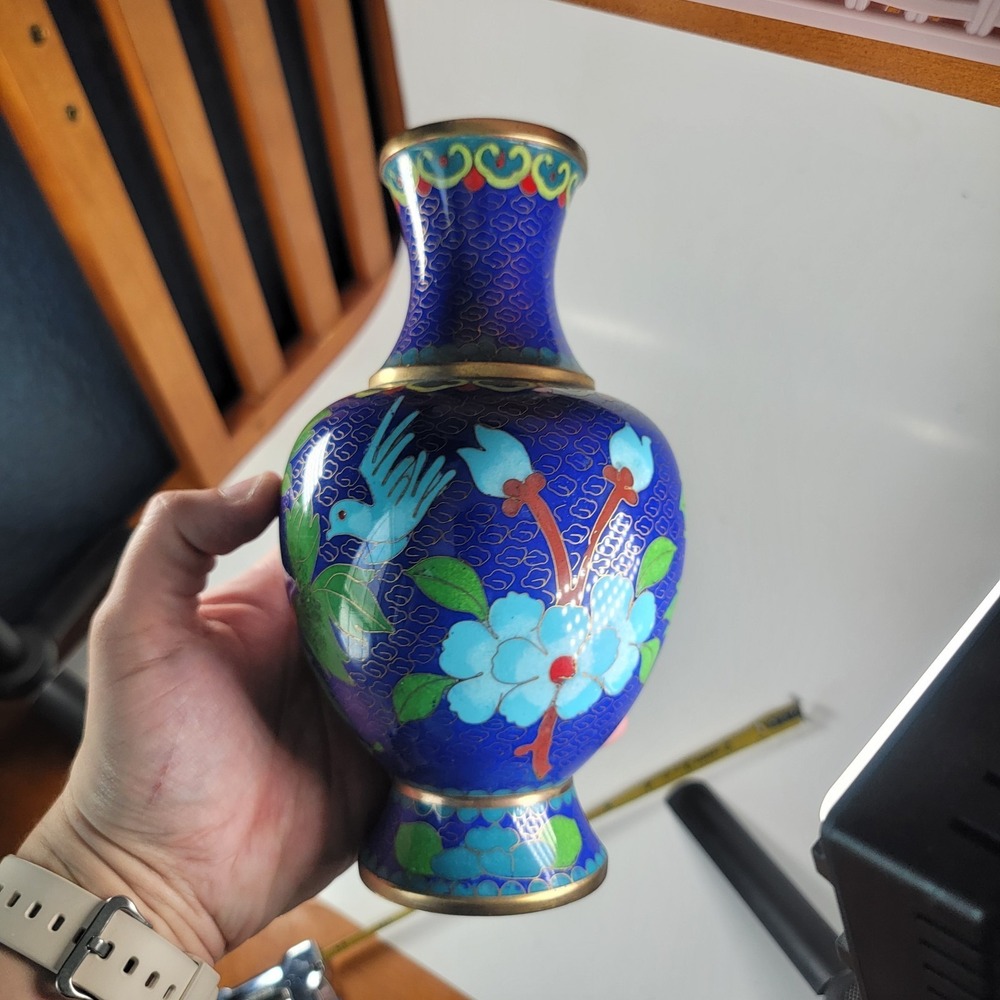 Vintage Antique Chinese Cloisonne Enamel on Brass Blue Vase‎ Flower - Picture 10 of 10